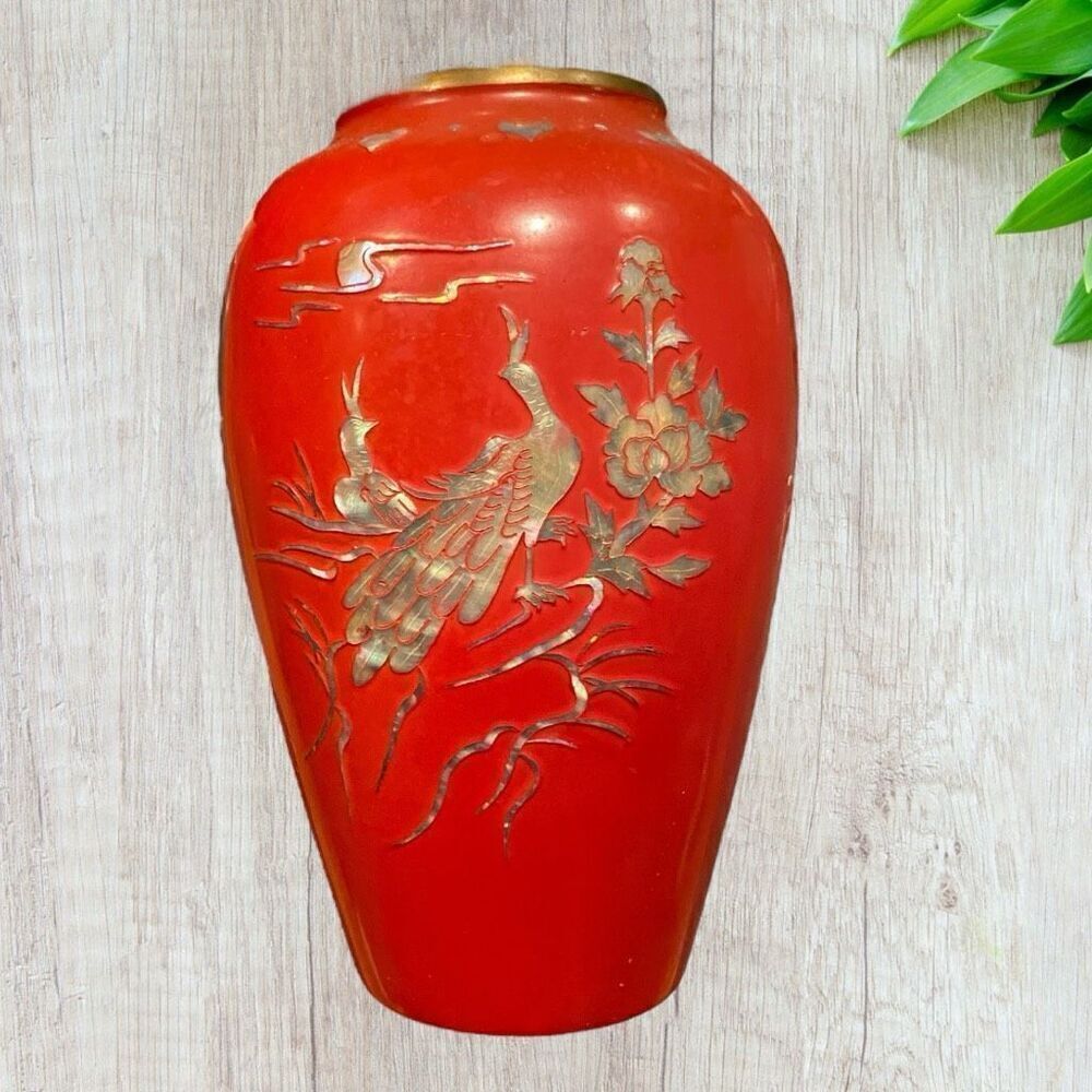 Vintage Brass Enamel Vase Mother Of Pearl Inlay Hearts Peacock